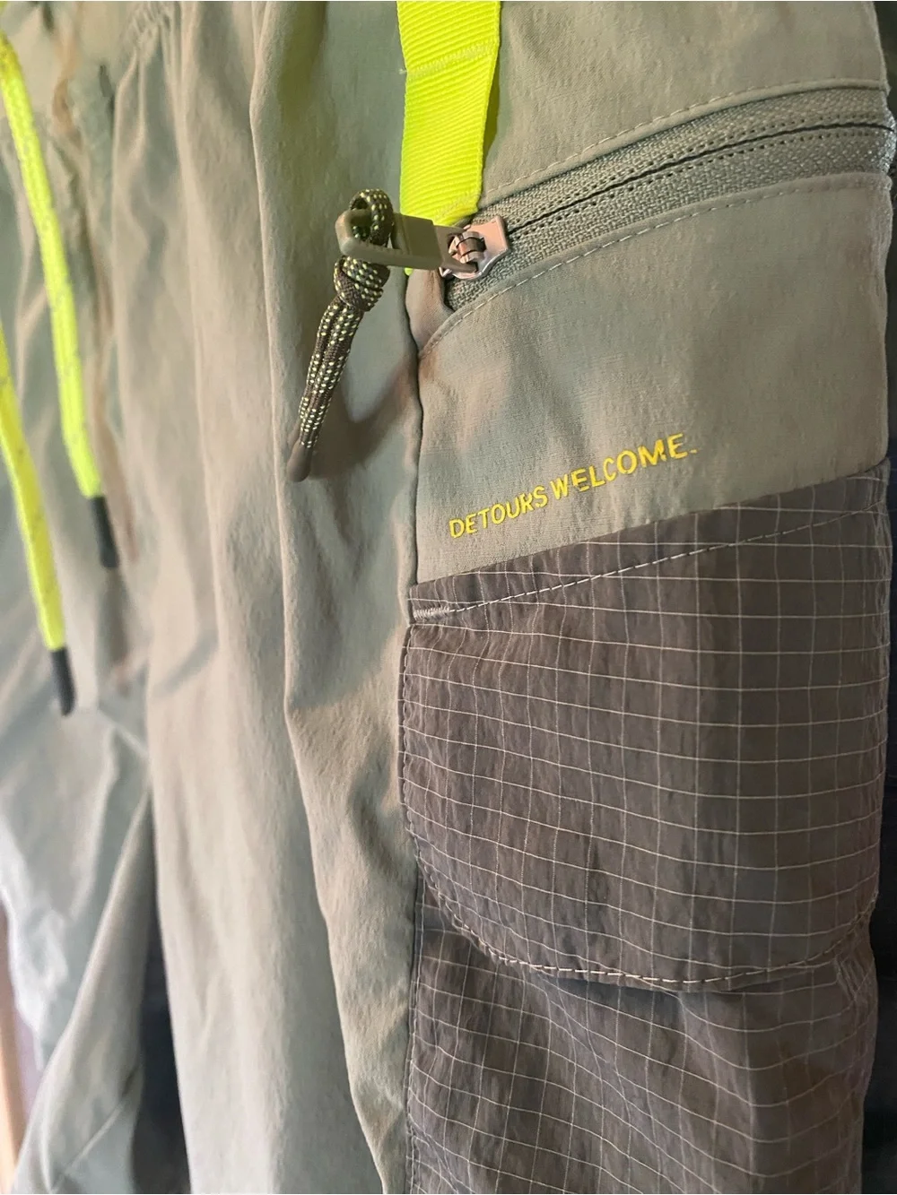 Womens Lululemon Detours Welcome Olive Green Active Shorts with Neon Accents